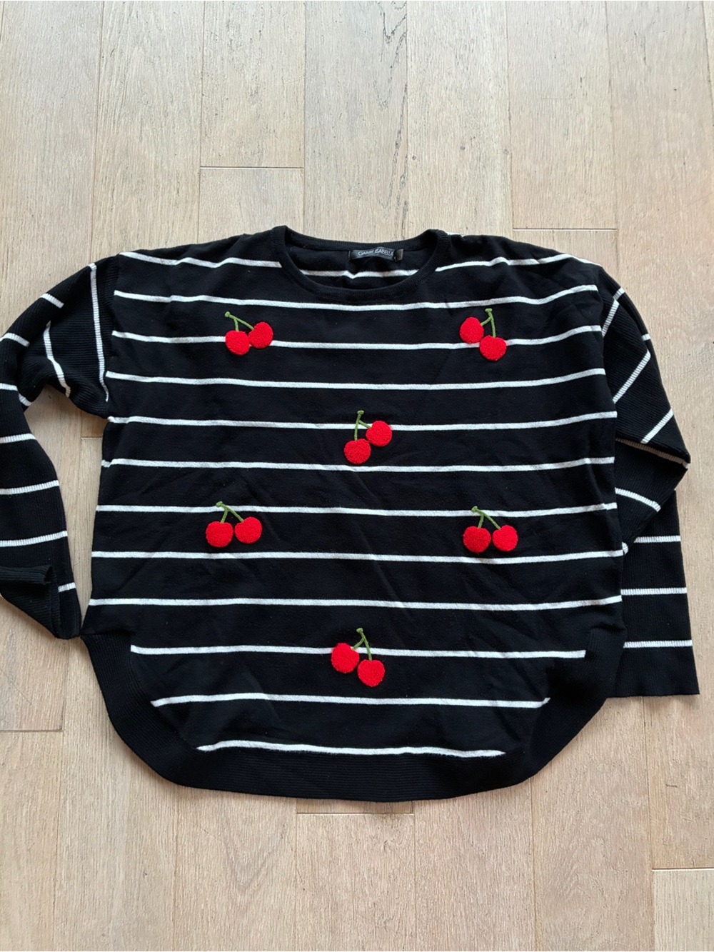 Gabby Isabella Black and White Stripe Sweater with Red Cherry Appliquรฉs